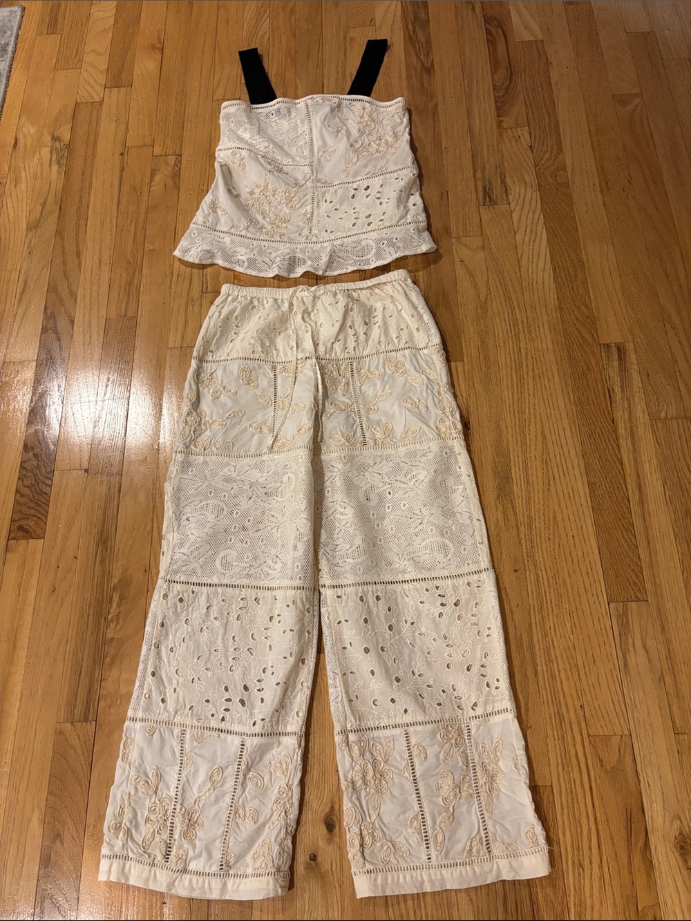 Zara Cream Embroidered Wide-Leg Pants & Camisole with Black Straps